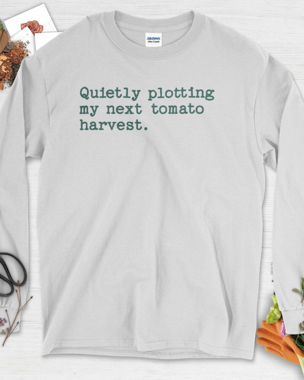 Alternative view of Quietly Plotting Tomato Harvest Long Sleeve