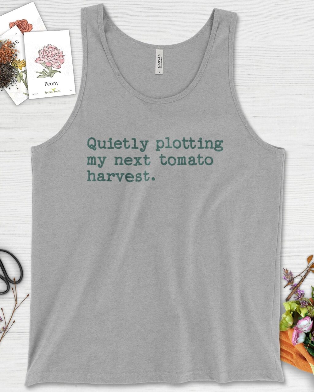Alternative view of Quietly Plotting Tomato Harvest Tank Top