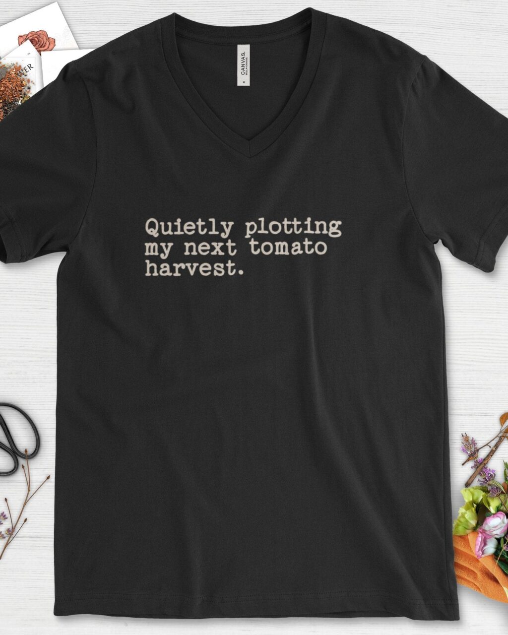Alternative view of Quietly Plotting Tomato Harvest V-Neck